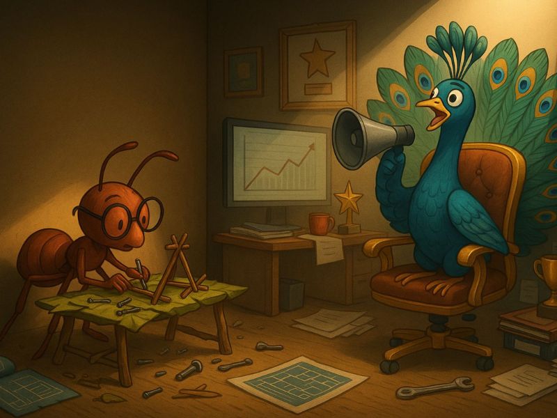 איור של טווס עם מיקרופון שצועק ונמלה עובדת לייד שולחן שרטוט