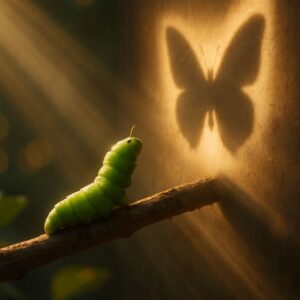 תמונה איורית של זחל מסתכל על העתיד שלו כפרפר. נוצר באמצעות AI