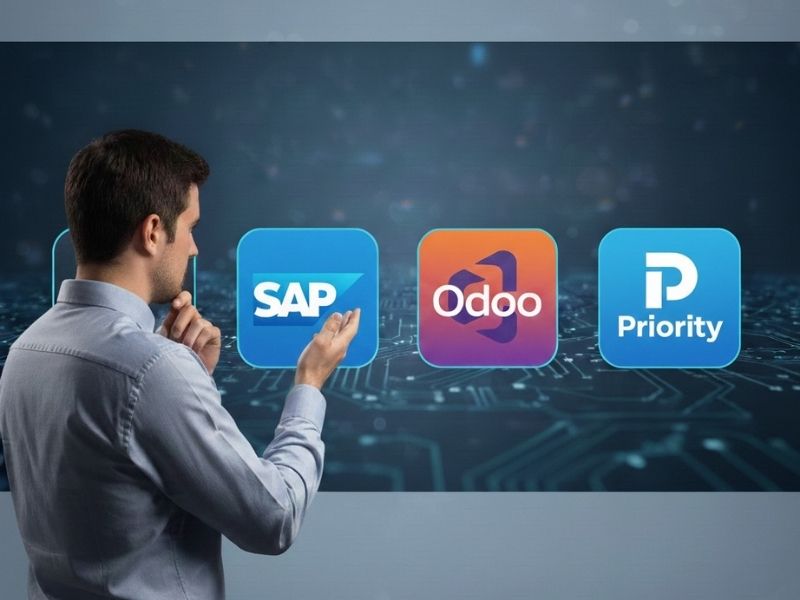 אדם בוחן שלוש מערכות ERP – SAP, Odoo ו-Priority – כהשוואה בין פתרונות ERP לארגונים קטנים ובינוניים