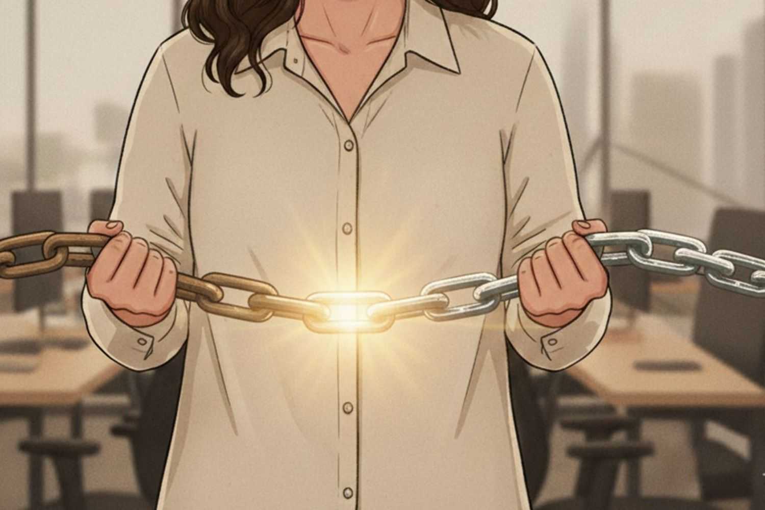 איור של אישה במשרד המחזיקה שרשרת זוהרת, כסמל לרצף מידע ושימור ידע ארגוני בעת חילופי תפקידים.