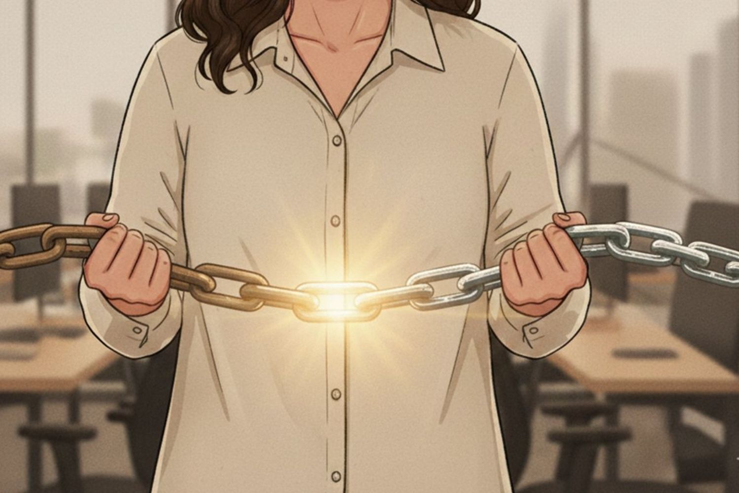 איור של אישה במשרד המחזיקה שרשרת זוהרת, כסמל לרצף מידע ושימור ידע ארגוני בעת חילופי תפקידים.