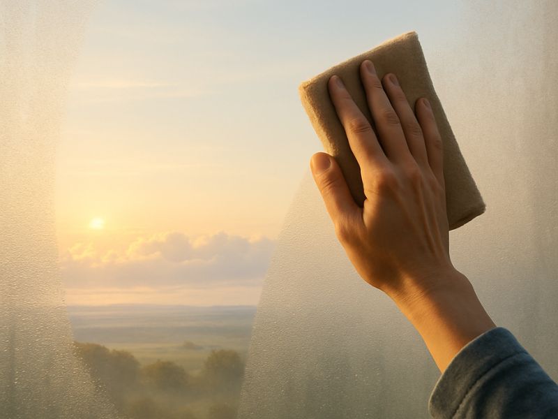 תמונה איורית של יד עם מטלית מנגבת אדים מזכוכית של חלון ומגלה נוף של שקיעה