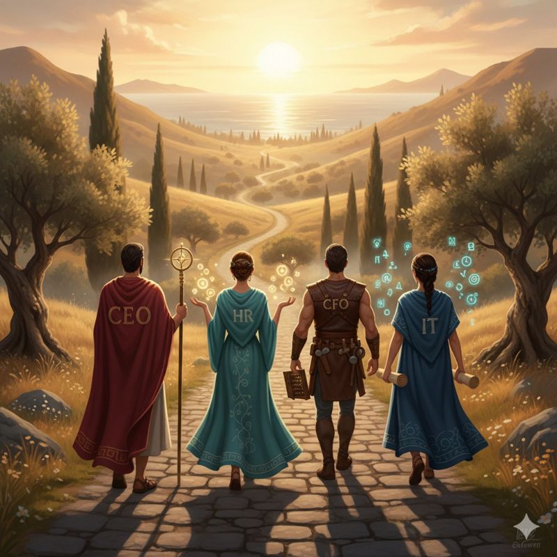 איור ובו ארבע דמויות המסמלות הנהלה וארגון צועדות יחד בשביל מתפתל אל האופק, כסמל לקצב מאוזן והתקדמות מודעת בתהליך.