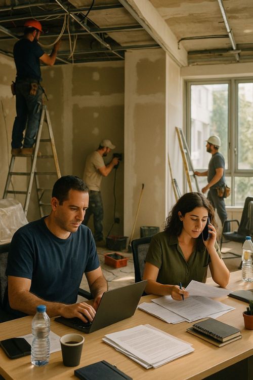 צוות מנהלים עובד מול מחשבים ומסמכים בזמן שעבודות תשתית מתבצעות ברקע – המחשה לפער בין עשייה מהירה לבין מערכות שעדיין בבנייה.