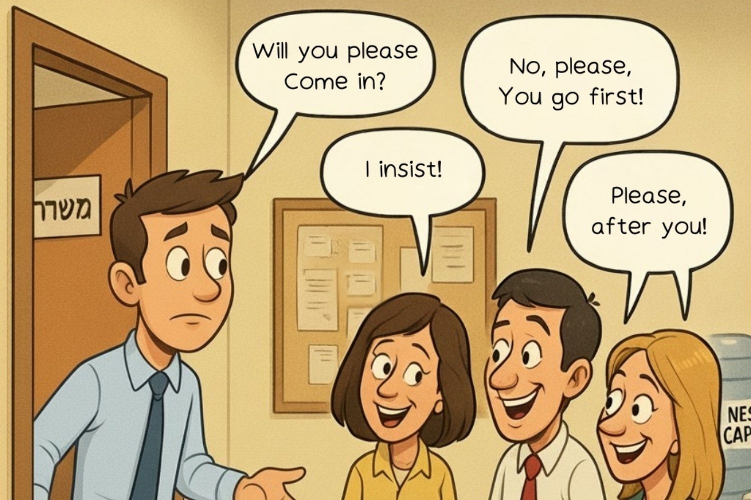 איור ובו ארבעה אנשים מחייכים ומאוד מנומסים אחד לשני לנמחשת הרעיון של שקט אירגוני שיכול לבלבל.