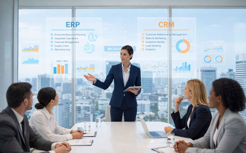 חדר ישיבות במשרד הייטק , אשה צעירה לבושה בחליפה עומדת ומסבירה על ההבדלים בין ERP ל CRM לגבר ושלוש נשים שיושבים סביב שולחן ישיבות