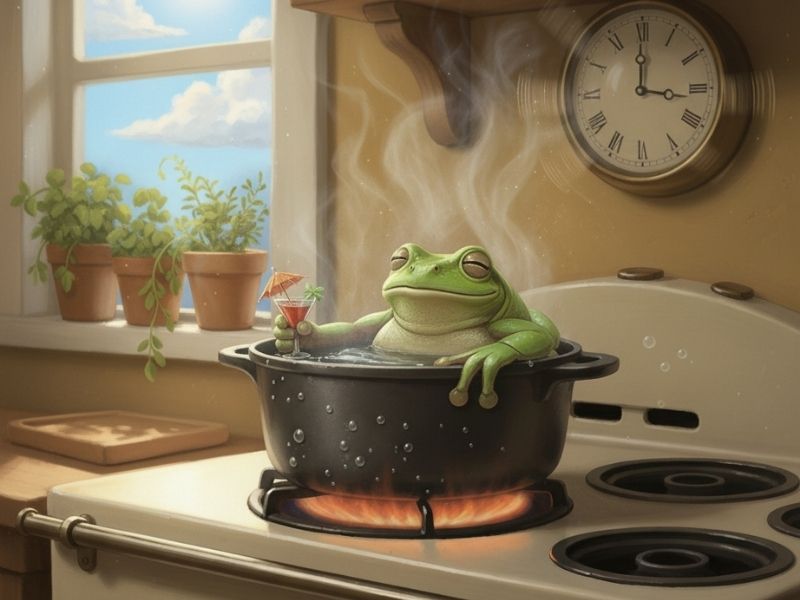איור של צפרדע ירוקה יושבת בנינוחות בתוך סיר על כיריים דולקות, אדים עולים סביבה והיא מחזיקה כוס משקה, במטבח ביתי רגוע – המחשה ויזואלית למערכת שמתחממת ומתעייפת בהדרגה בלי לשים לב לסכנה.