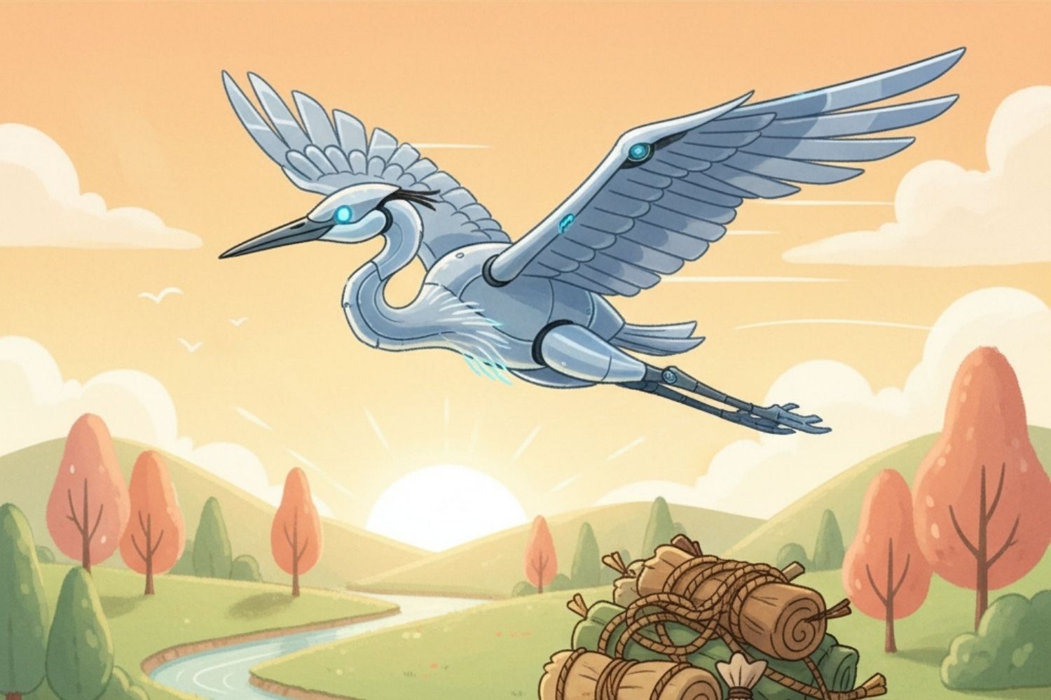 איור של צב עמוס בציוד הצועד בשביל לצד נהר, מעליו עפה ציפור מתכתית עתידנית – המחשה לשוני בין יעילות טכנולוגית ליעילות אנושית.