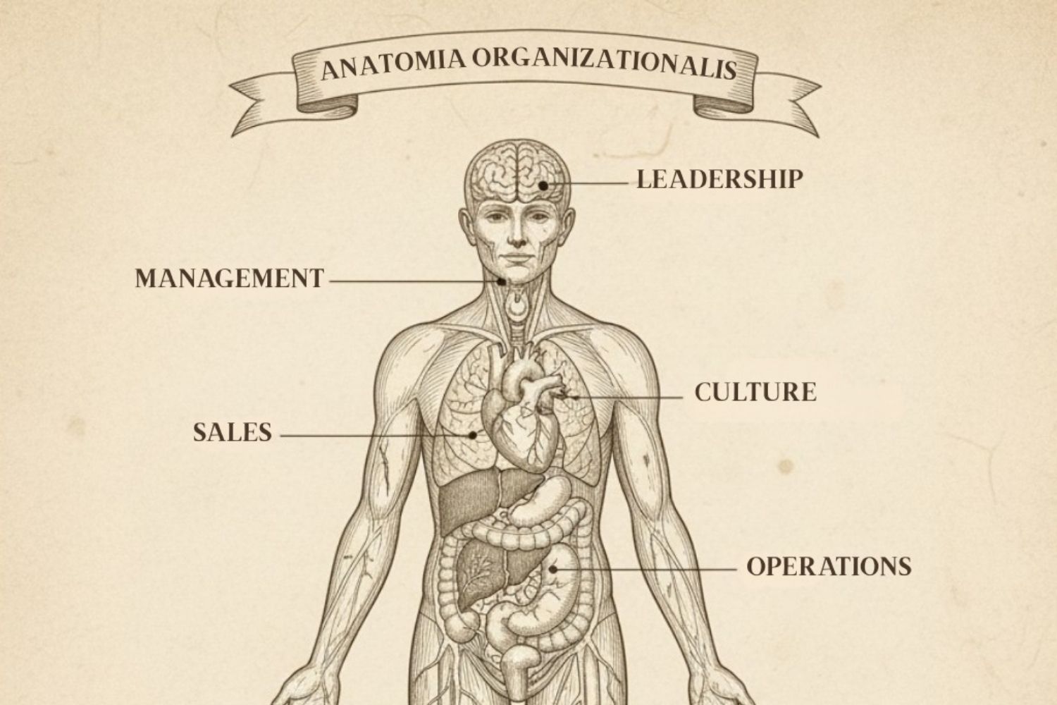 איור אנטומי של גוף אדם שבו חלקי הגוף מייצגים מרכיבי ארגון שונים, כהמחשה לארגון כמערכת חיה המתמקדת בהתנהלות ולא בטכנולוגיה.