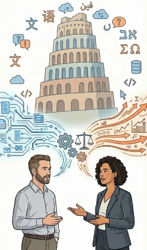 איור ובו אשה וגבר מדברים בינהם שטף הדיבור מאוייר בגוון שונה לכל אחד ומעליהן יש דימוי של מגדל בבל - כסמל לשיחה בשפות שונות לחלוטין ללא הבנה.