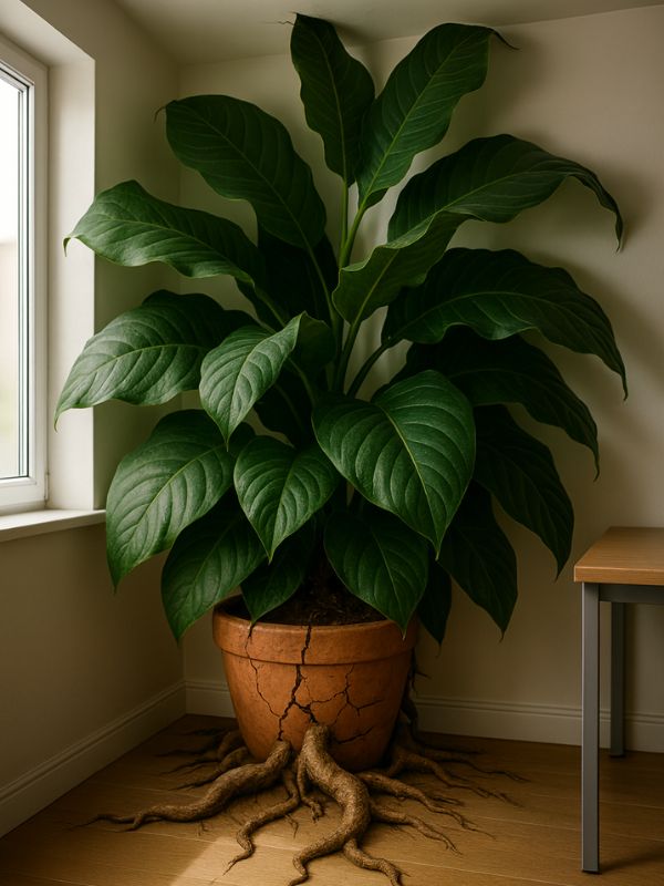 צמח גדול בעציץ חרס סדוק, ששורשיו פורצים החוצה ומתפשטים על הרצפה – המחשה לשאלה האם הכלי שמחזיק אותנו ממשיך לגדול יחד איתנו ומתאים למצב הנוכחי.