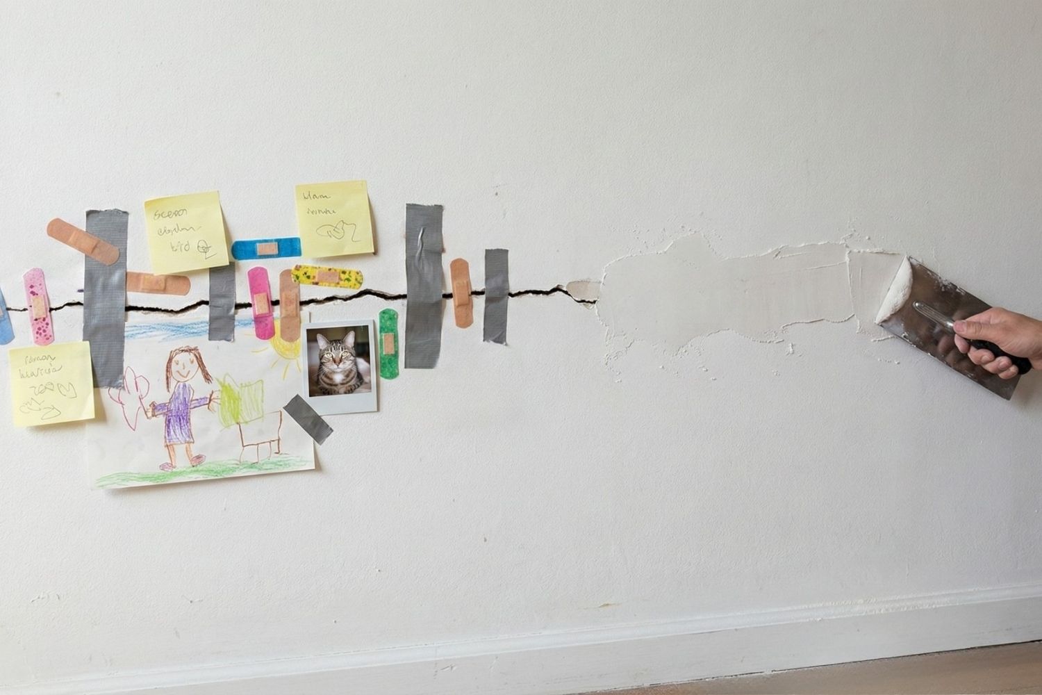 קיר סדוק שמודבק בטלאים, סלוטייפ ופתקים צבעוניים – בעוד יד אחת כבר מתחילה למרוח שכבת טיח חדשה מעל הסדק. המחשה לשוני בין שדרוג לשינוי אמיתי