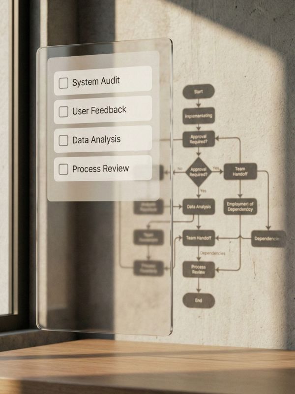 מלבן זכוכית שקופה שעליה רשומים ארבעה נושאים עם אפשרות לסימון ביצוע (צ'ק ליסט) אור שעובר דרך הזכוכית יוצר צללית עם הקיר מאחוריה ובצללית יש תרשים של תהליךבמקום הרשימה - המחשה להבנה מה הצורך התפעולי מאחורי מערכת או רשימת משימות.