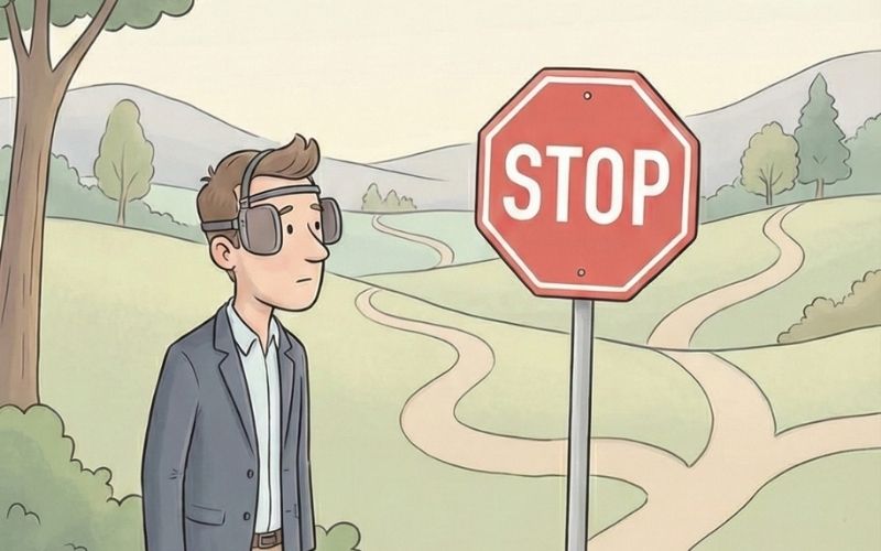 איור של אדם עומד על שפת תהום בצומת דרכים מתפצל, כשעל עיניו כיסוי שמונע ממנו לראות את תמרור ה"עצור" שלצדו – המחשה לחשיבות העצירה בזמן בתהליך בחירה כדי למנוע סיכון לפרויקט.