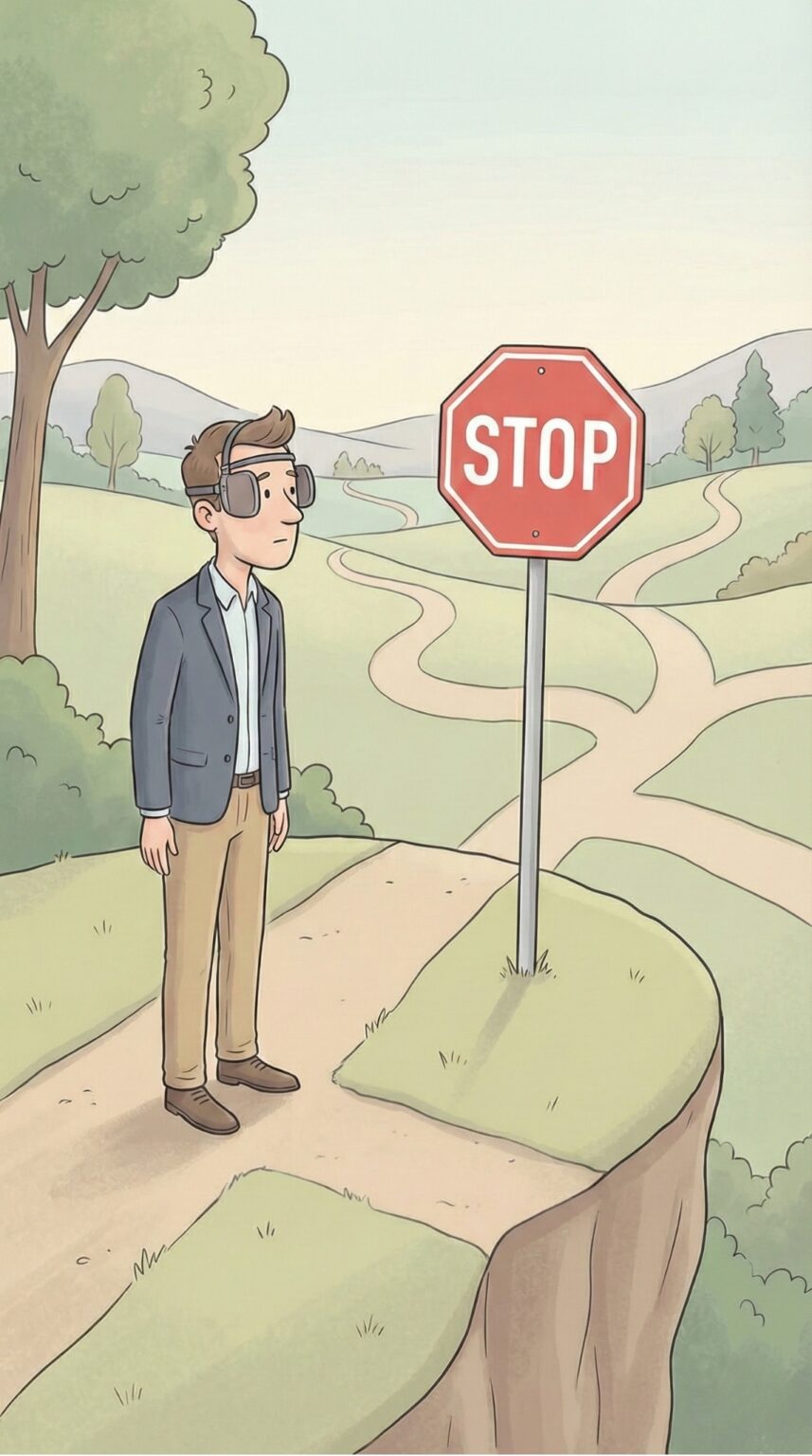 איור של אדם עומד על שפת תהום בצומת דרכים מתפצל, כשעל עיניו כיסוי שמונע ממנו לראות את תמרור ה"עצור" שלצדו – המחשה לחשיבות העצירה בזמן בתהליך בחירה כדי למנוע סיכון לפרויקט.