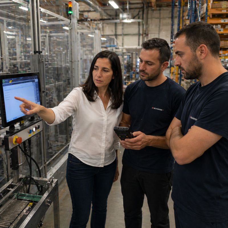 שלושה עובדים במפעל תעשייתי עומדים ליד מכונת ייצור ומסך מחשב, כאשר אחת העובדות מצביעה על נתונים במערכת ומסבירה לאחרים—המחשה לבחינת והתאמת מערכת ERP לצרכים תפעוליים בארגון.