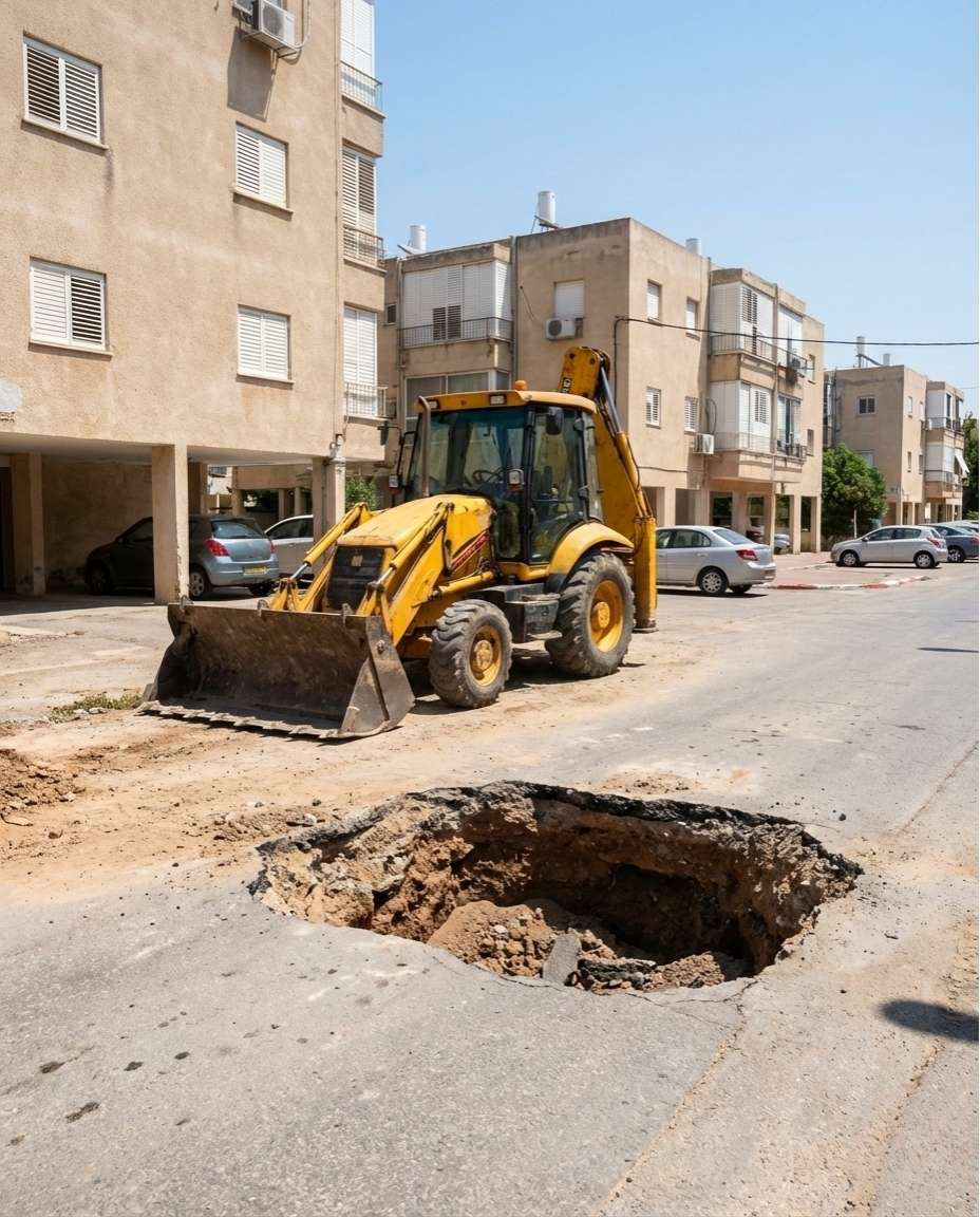 דחפור צהוב חופר בור עמוק באמצע כביש שכונתי רגיל — המחשה לכך שלפעמים הפתרון גדול וכבד הרבה יותר מהבעיה האמיתית.